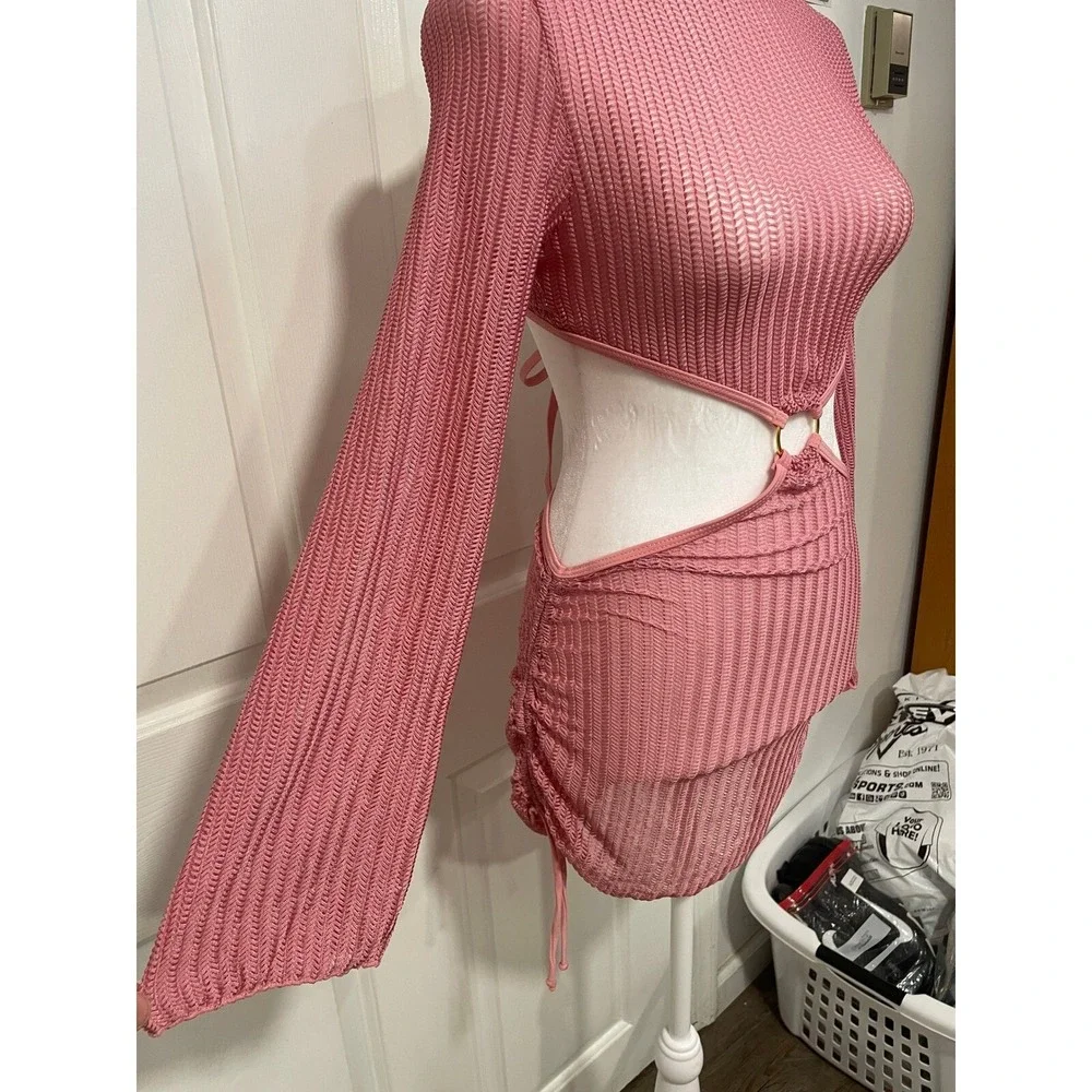 NEW Lilosy Pink Triangle Thong Tie Bikini Set Sexy Mesh Sheer Cover Up Lace Up S - Picture 11 of 12